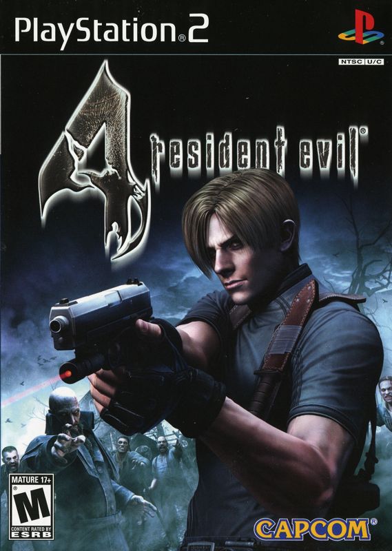 Box art for the game Resident Evil 4, with the main character facing to the left of the viewer while holding a laser-pointed gun off into that direction as zombies surround him from behind.