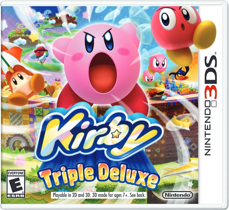 Box art for the game Kirby Triple Deluxe, with the main character sucking up enemies from the foreground into the back, with the background featuring different landmarks the player will visit throughout the game.