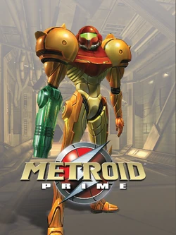 Box art for the game Metroid Prime, with the main character wearing a suit of armor that provides her a canon gun on her right hand for her to use, staring off with her eyesight just barely above the viewer's vision.