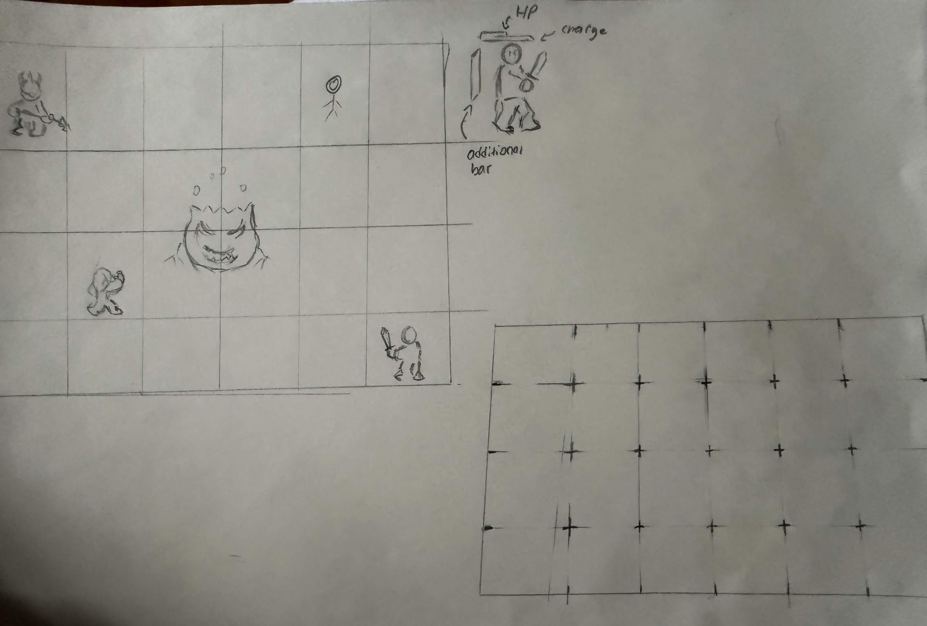 Early concept sketch for the board characters are displayed on in PBP, showing 4 different characters on different corners facing a 2x2 boss at the center. next to the board shows the bars that appear above and next to a character that describes what they mean.