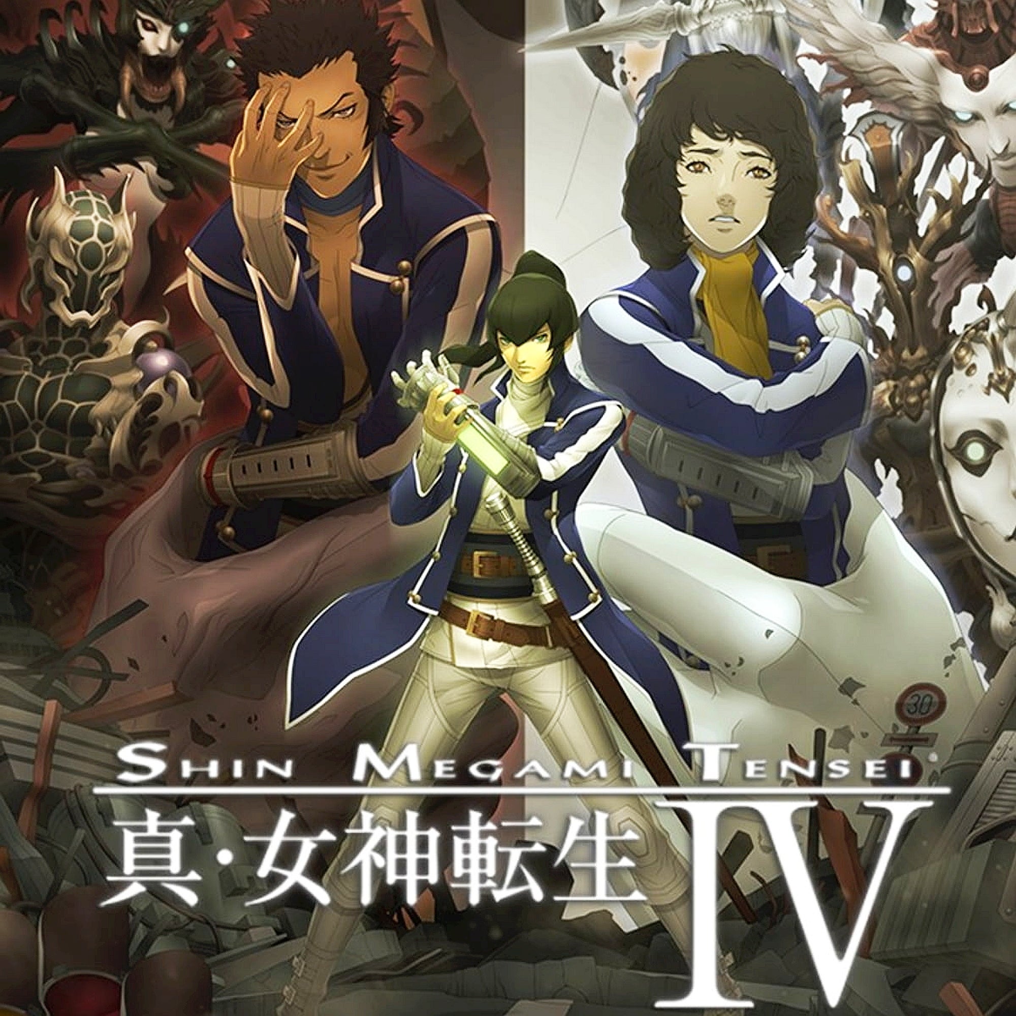 Box art for the game SHIN MEGAMI TENSEI IV, with the main character clutching a guanlet he wears on one hand with his other, and two characters standing behind him with backgrounds and poses symbolizing demons and angels.